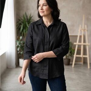 Linen 100% Classic Black Shirt - Women's Button-Front Top size large